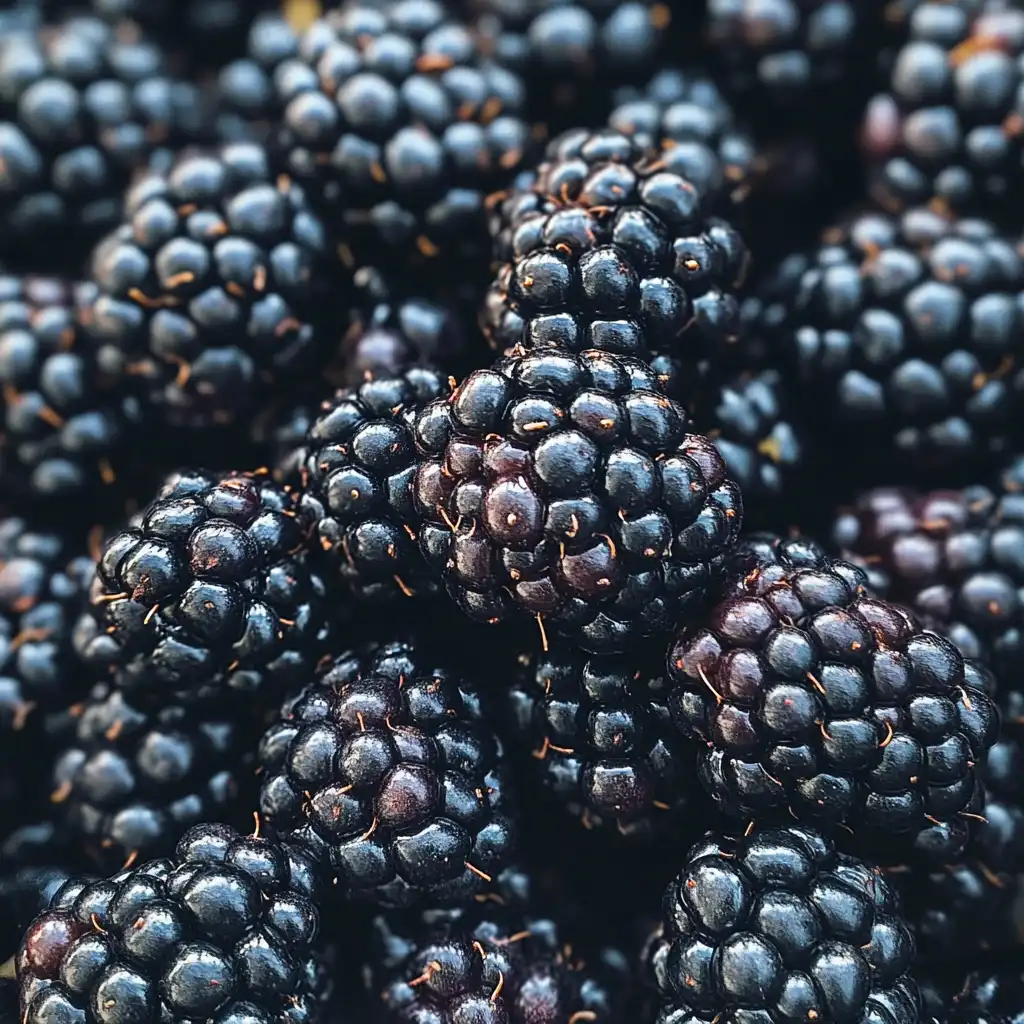 A pile of fresh blackberries with visible seeds, illuminated by soft natural light.