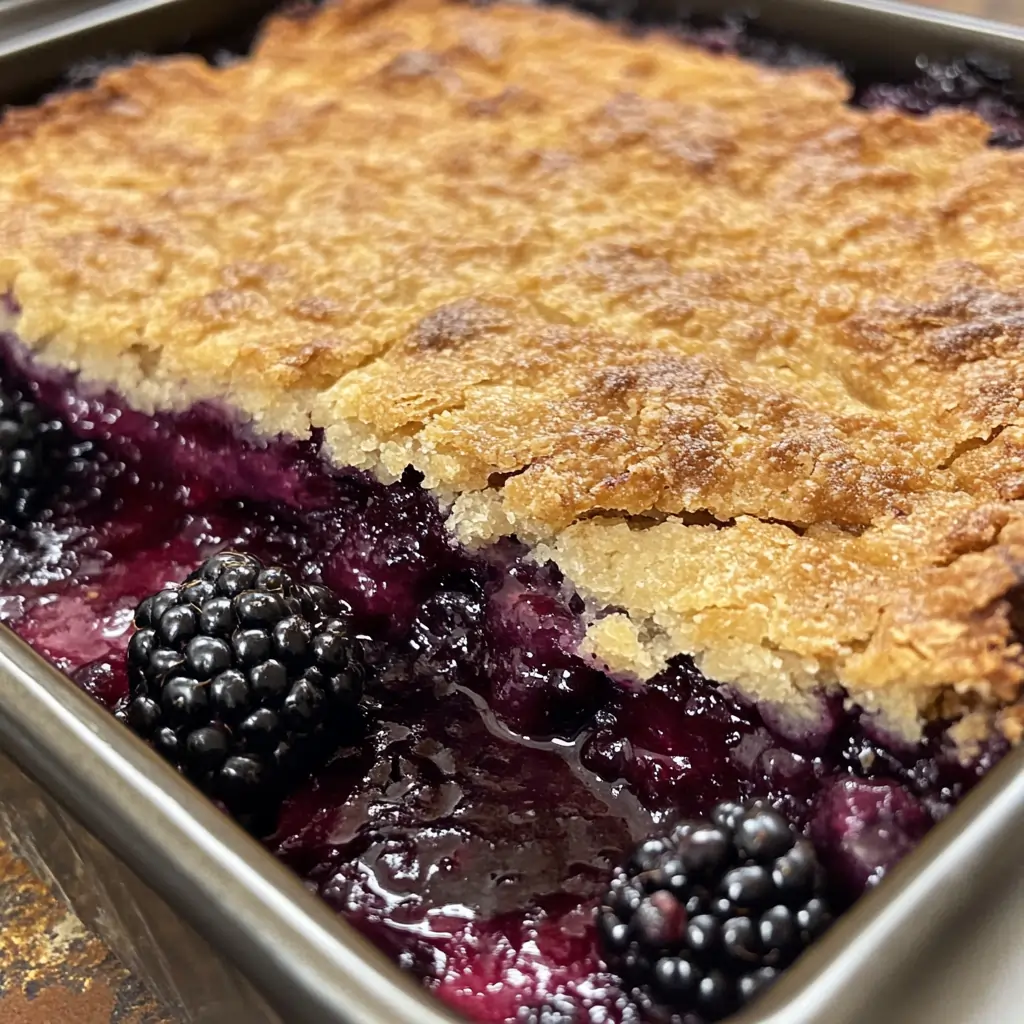 Perfectly baked blackberry cobbler with a golden, crispy crust and thick, set blackberry filling.