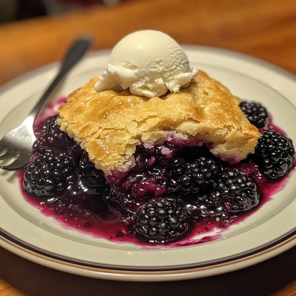 Freshly baked seedless blackberry cobbler with a golden crust and a scoop of vanilla ice cream.