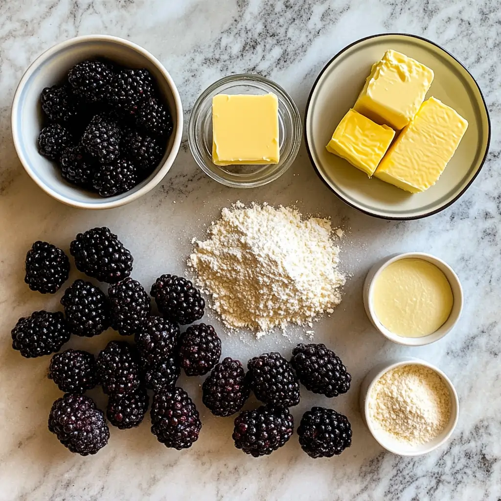 Ingredients for blackberry cobbler including fresh blackberries, cornstarch, sugar, butter, and flour on a kitchen counter.