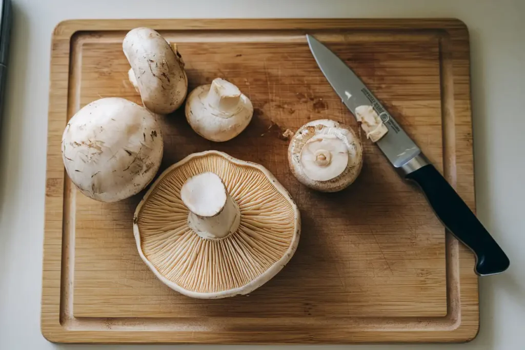 Overhead view of Chicken of the Woods mushroom being sliced on a wooden cutting board