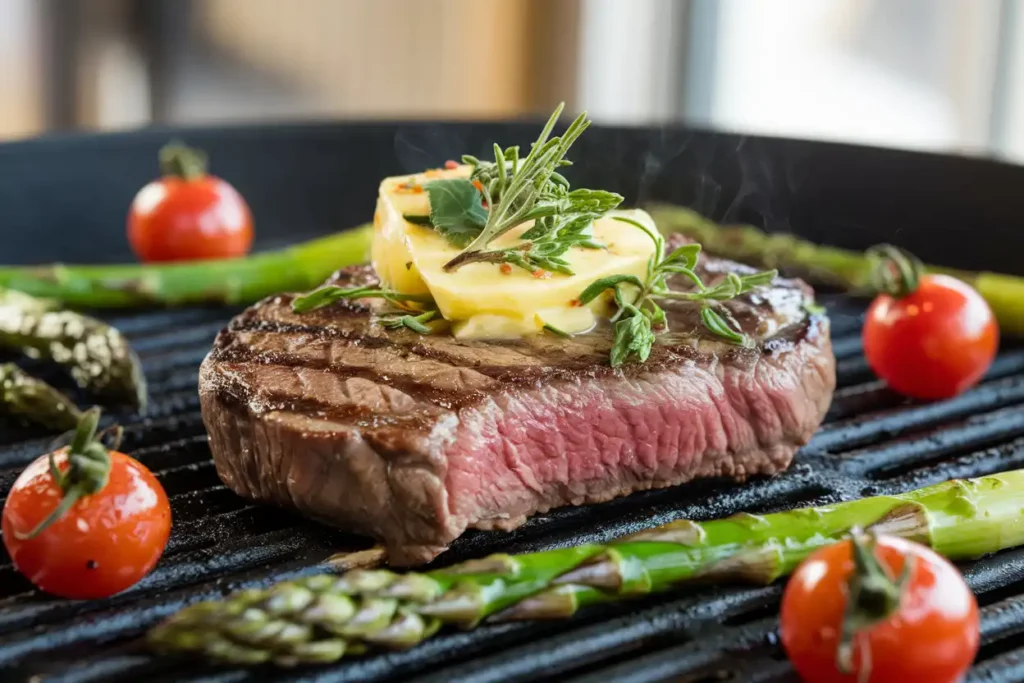 Medium-rare steak topped with melting cowboy butter alongside grilled vegetables.