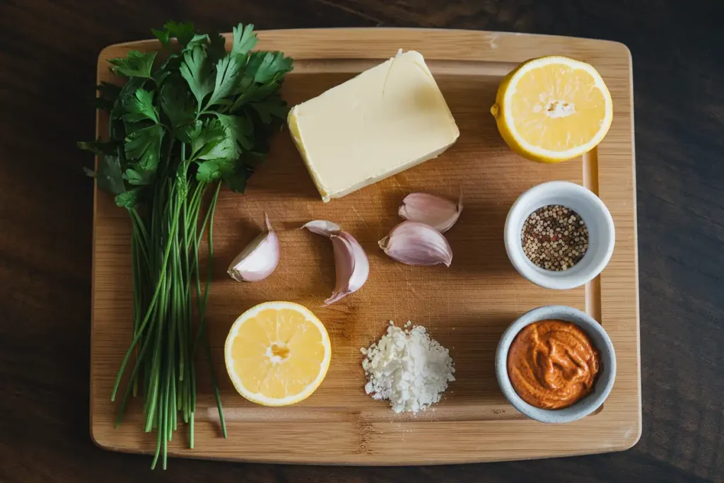 Flat-lay of cowboy butter ingredients, including butter, fresh herbs, lemon, garlic, and spices.