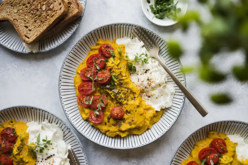 Overhead shot of a healthy breakfast curry with whole-grain toast