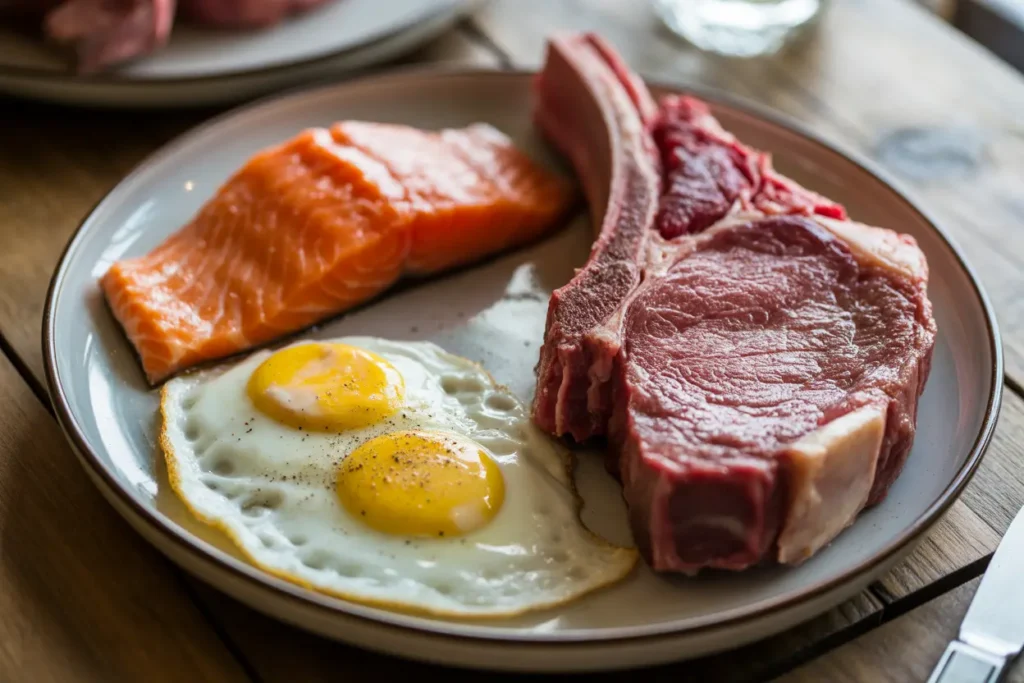 Plate with ribeye steak, eggs fried in butter, and salmon representing 80/20 carnivore diet meal