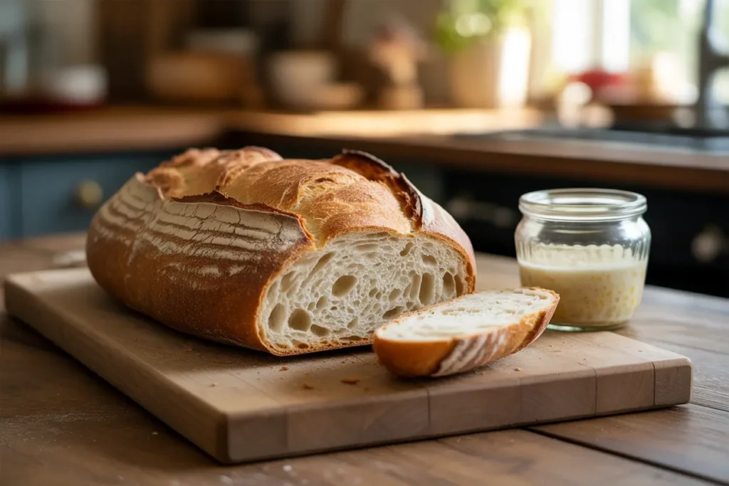 A freshly baked artisan sourdough baguette on a rustic wooden board, sliced to show its airy crumb, next to a jar of active sourdough starter, highlighting its health benefits and natural fermentation.