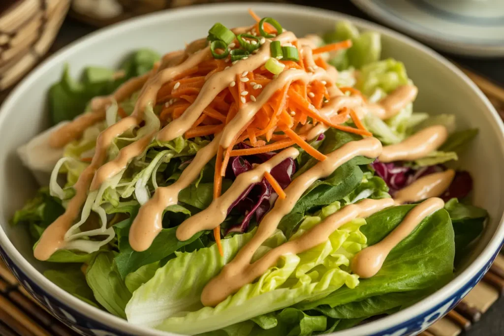 Asian restaurant salad bowl with fresh greens and Japanese ginger sesame dressing