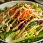 Asian restaurant salad bowl with fresh greens and Japanese ginger sesame dressing