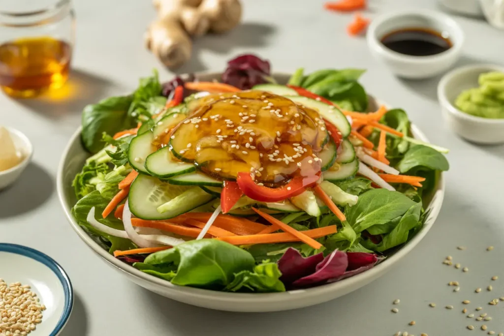 Fresh salad bowl topped with Asian salad dressing made from soy sauce, sesame oil, ginger, and garlic