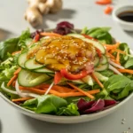Fresh salad bowl topped with Asian salad dressing made from soy sauce, sesame oil, ginger, and garlic