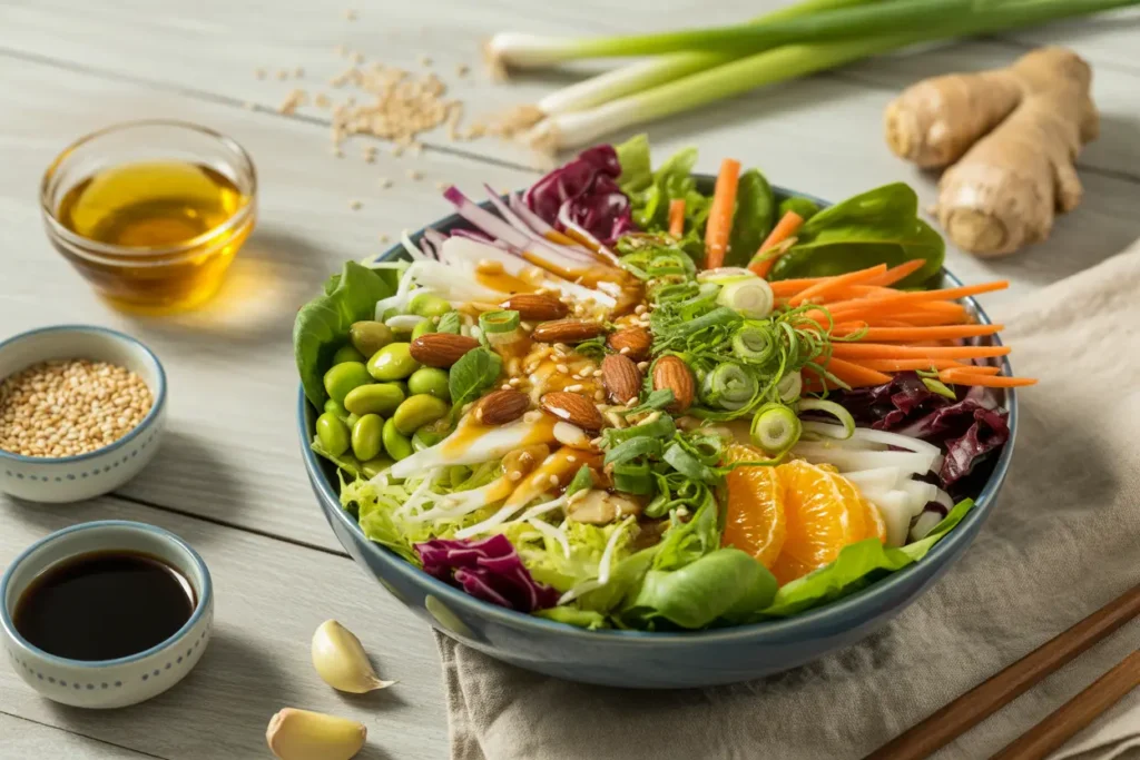 Asian salad with mixed greens and colorful fresh ingredients topped with a homemade Asian salad dressing
