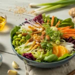 Asian salad with mixed greens and colorful fresh ingredients topped with a homemade Asian salad dressing