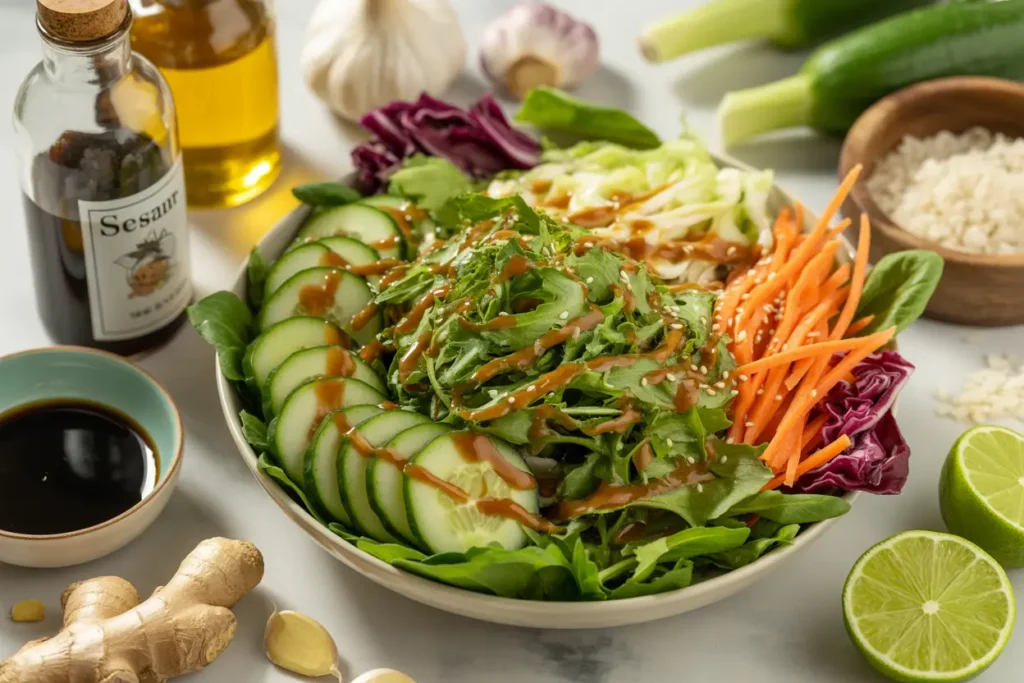 Fresh Asian salad with sesame ginger dressing surrounded by soy sauce, sesame oil, ginger, garlic, lime, and rice vinegar