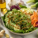 Fresh Asian salad with sesame ginger dressing surrounded by soy sauce, sesame oil, ginger, garlic, lime, and rice vinegar