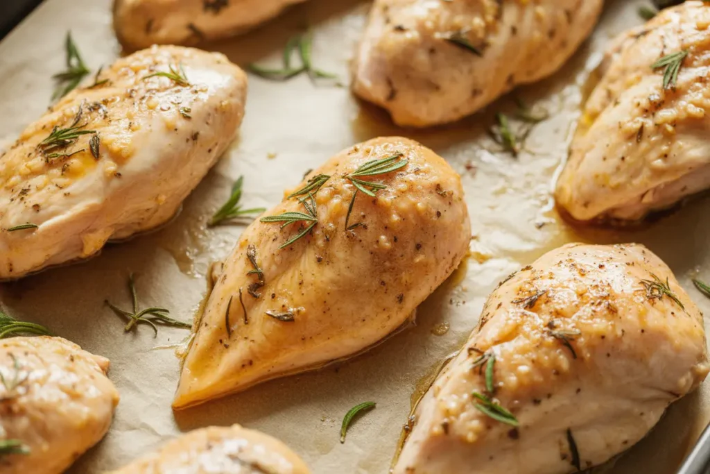 A close-up of golden-brown baked thin cut chicken breasts seasoned with herbs on a baking sheet, looking juicy and tender.