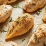 A close-up of golden-brown baked thin cut chicken breasts seasoned with herbs on a baking sheet, looking juicy and tender.