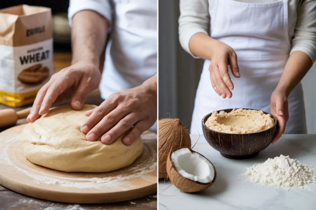 A split image comparing a smooth dough from regular flour to a crumbly batter, illustrating the common mistakes when baking with coconut flour.