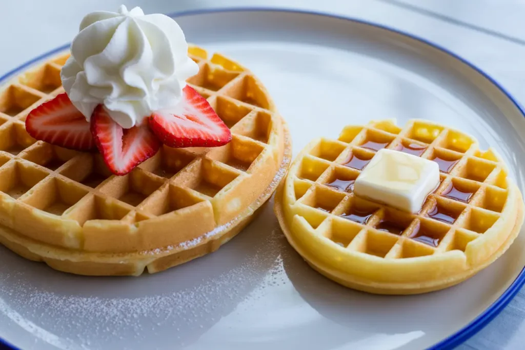 A side-by-side comparison of a thick Belgian waffle with deep pockets, topped with cream and berries, versus a thin regular waffle with shallow pockets, topped with butter and syrup.