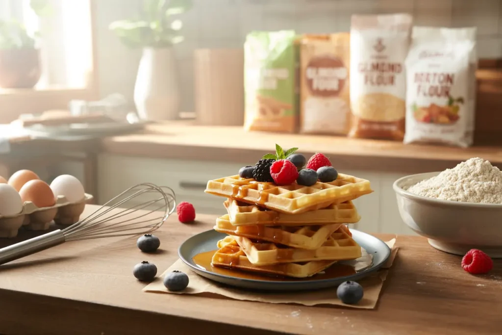 A stack of crispy gluten-free waffles on a plate, surrounded by various types of the best gluten-free waffle flour like almond and oat.