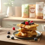 A stack of crispy gluten-free waffles on a plate, surrounded by various types of the best gluten-free waffle flour like almond and oat.