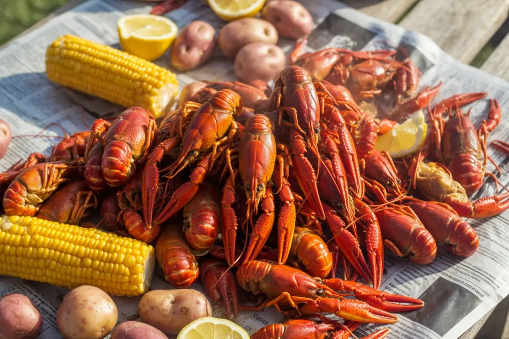 A traditional crawfish boil featuring bright red cooked crawfish, corn on the cob, and potatoes ready to be served at a southern feast.
