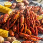 A traditional crawfish boil featuring bright red cooked crawfish, corn on the cob, and potatoes ready to be served at a southern feast.