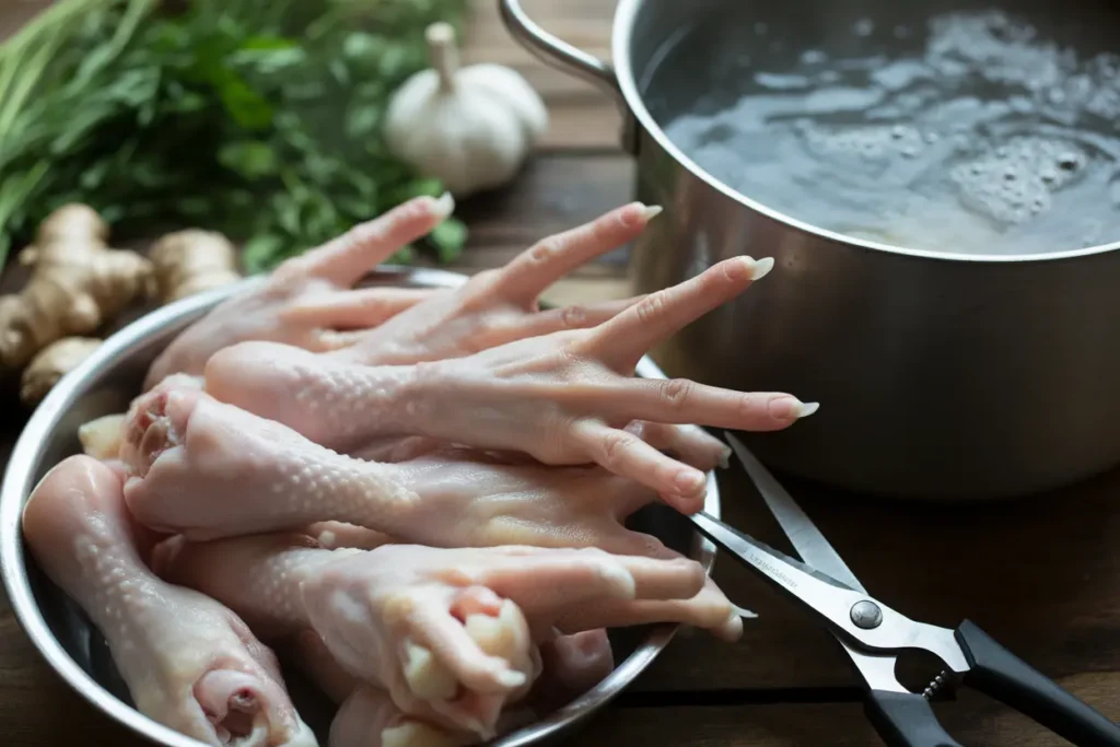 Close-up of raw chicken feet with kitchen shears and boiling water for preparation