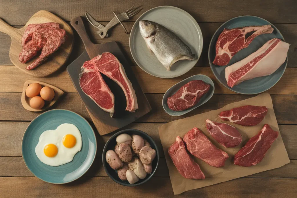 Assortment of animal-based foods for carnivore diet weight loss