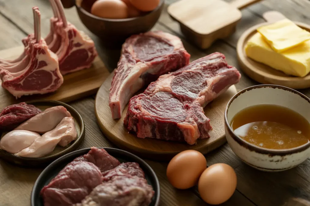 Platter of fatty cuts of meat, eggs, organ meats and bone broth representing the carnivore diet