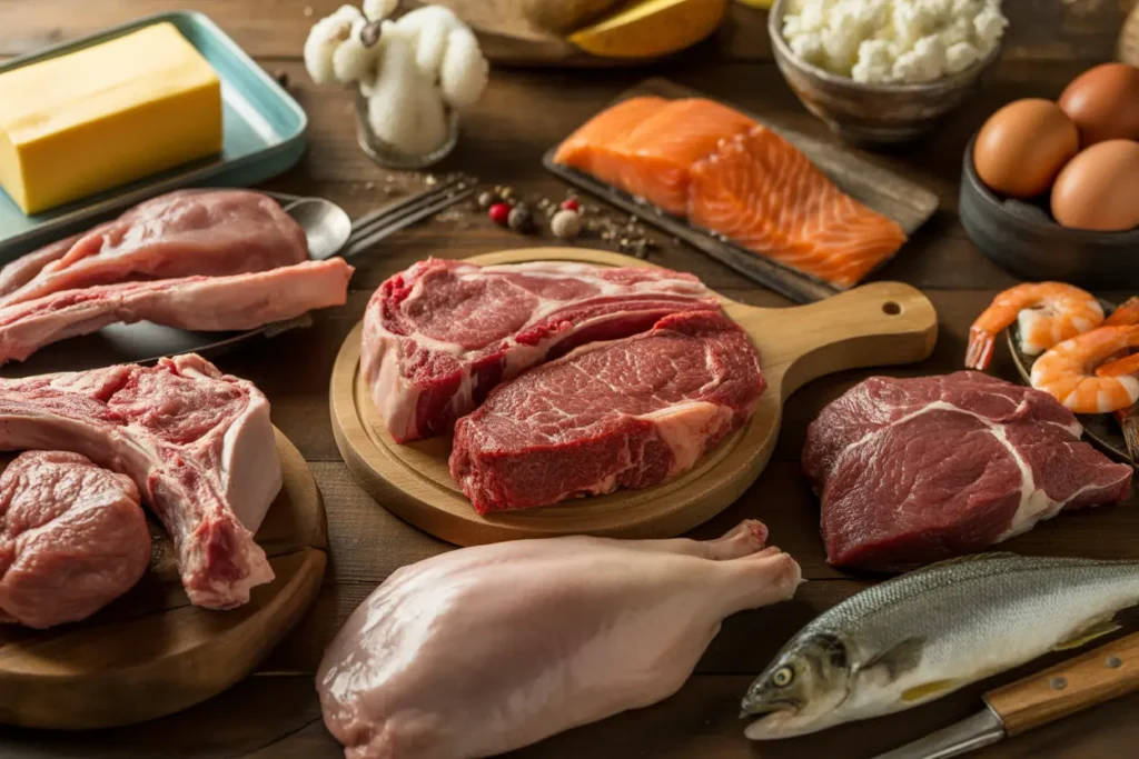 Variety of carnivore diet animal-based foods including beef, lamb, pork, fish, eggs, and dairy