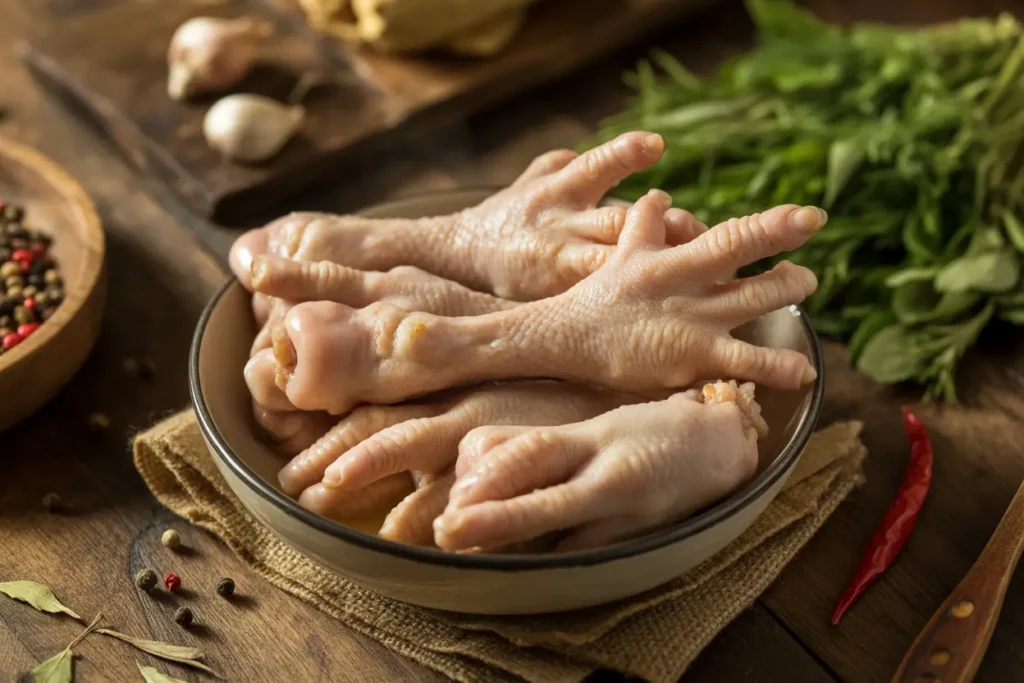 Close-up of cooked chicken feet highlighting collagen and nutrition benefits