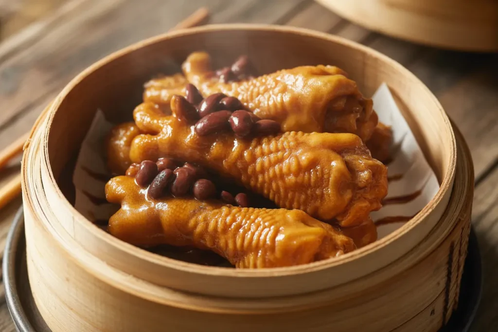Chinese dim sum style chicken feet deep-fried with tiger skin texture served in bamboo steamer basket