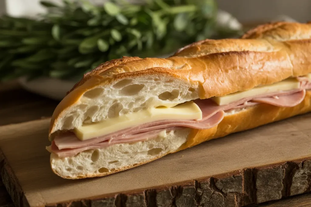 Classic French baguette sandwich with ham and butter filling on rustic wooden board