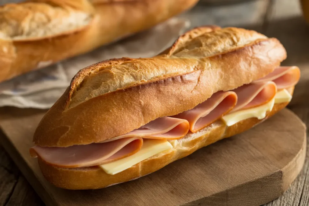 Classic French bread sandwich with ham and butter on a wooden board