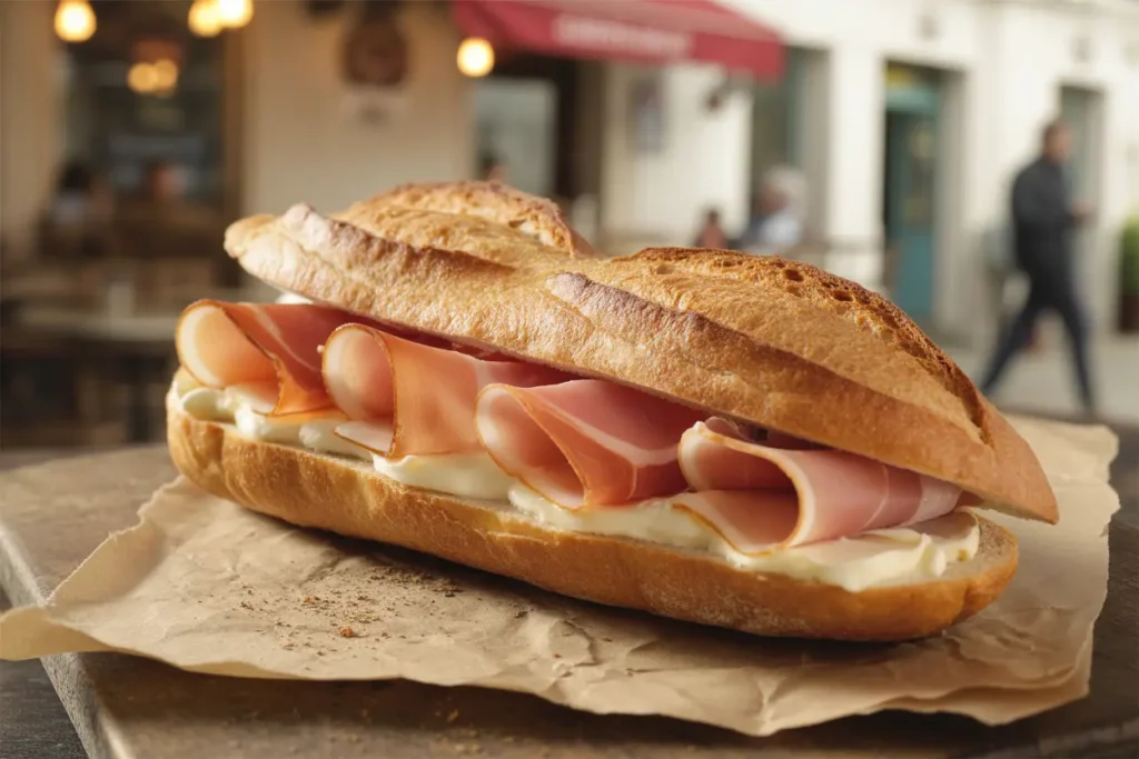 Traditional French Jambon-Beurre sandwich with baguette, butter, and ham