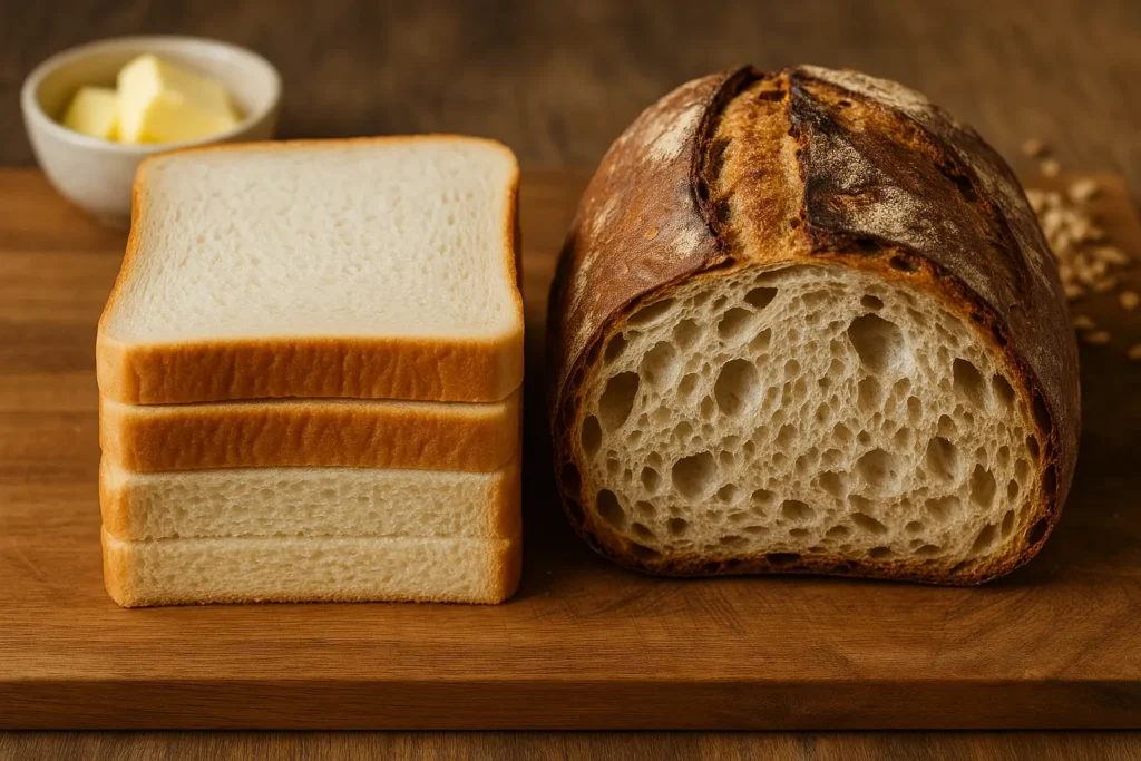 Side-by-side comparison of sandwich bread and regular artisan bread showing different textures and crusts