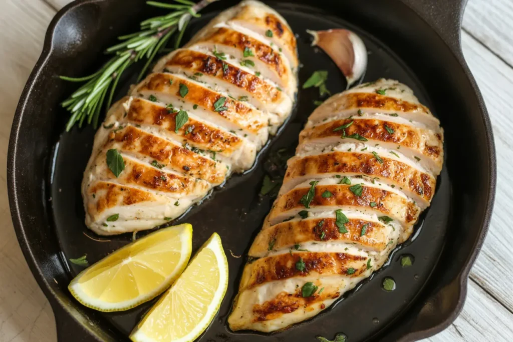A close-up of perfectly cooked thin sliced chicken breast with a golden brown crust, garnished with fresh herbs in a cast-iron skillet.
