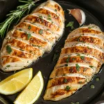 A close-up of perfectly cooked thin sliced chicken breast with a golden brown crust, garnished with fresh herbs in a cast-iron skillet.
