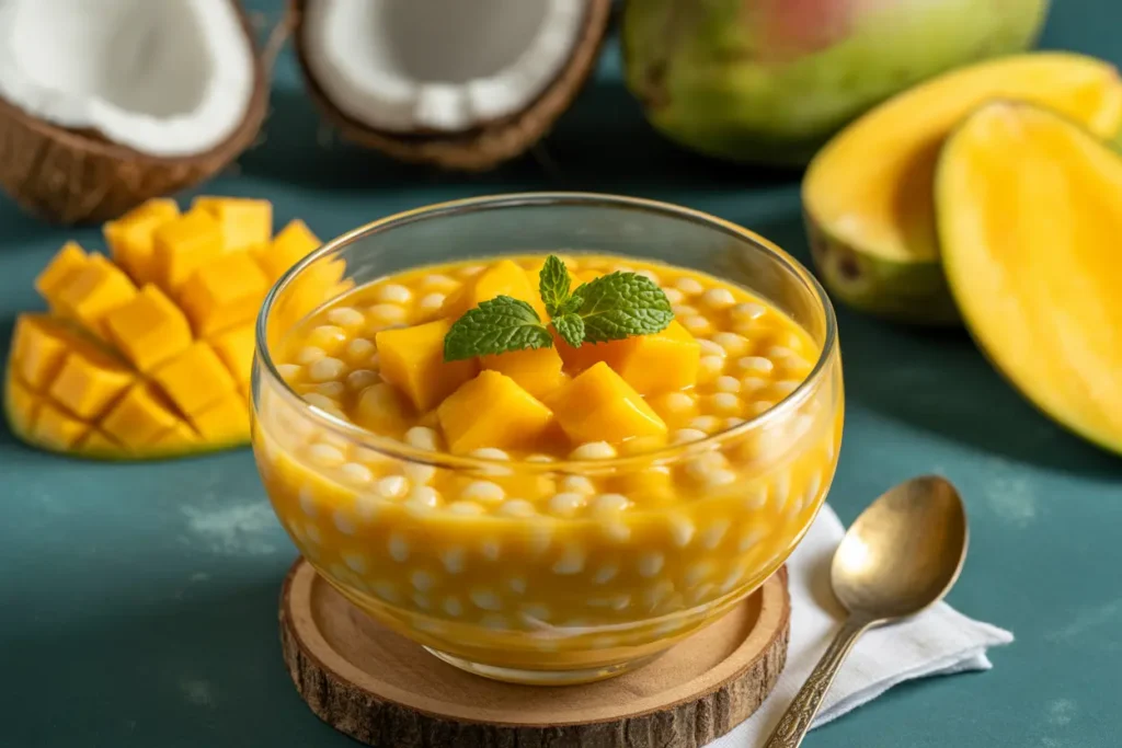 bowl of creamy mango sago dessert with tapioca pearls and fresh mango cubes
