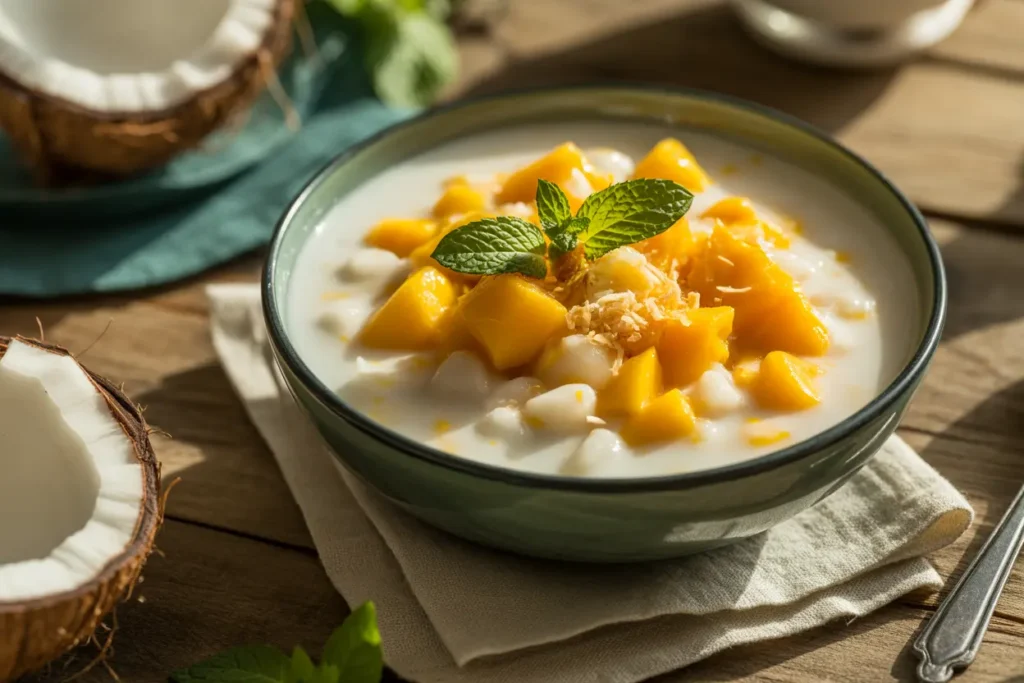 Bowl of creamy mango sago dessert with coconut milk, tapioca pearls, and mango chunks garnished with mint and coconut flakes