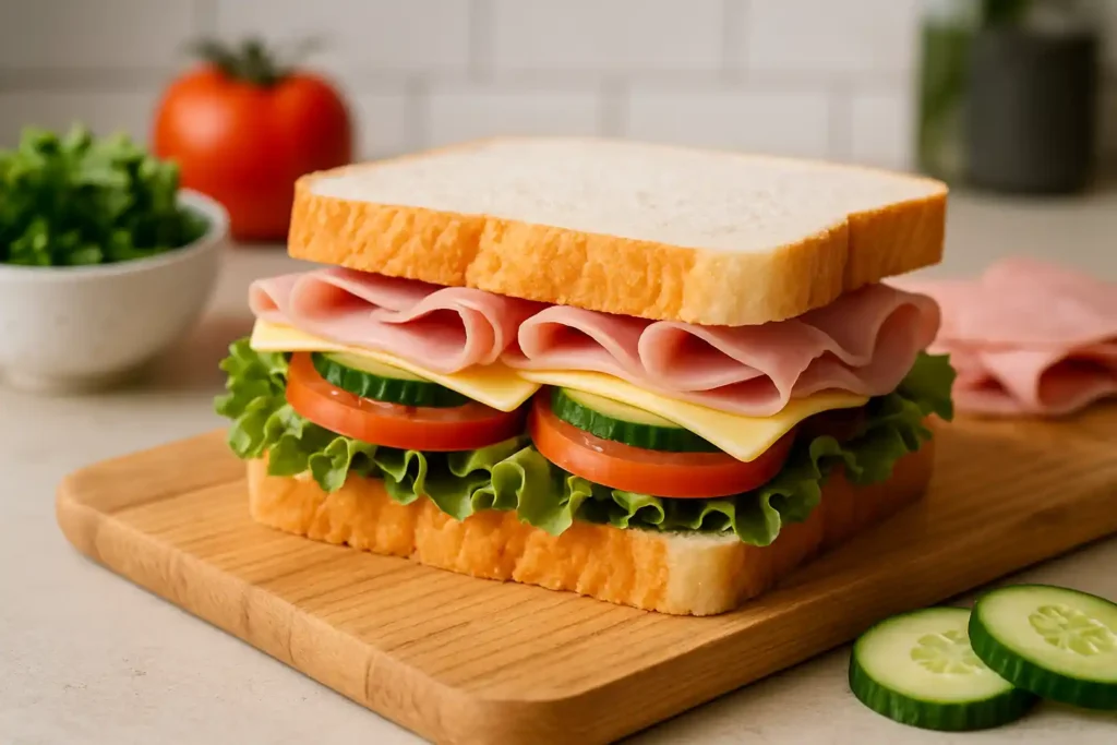 Fresh bread sandwich with white bread, lettuce, tomato, cucumber, cheese, and deli meats on a wooden board