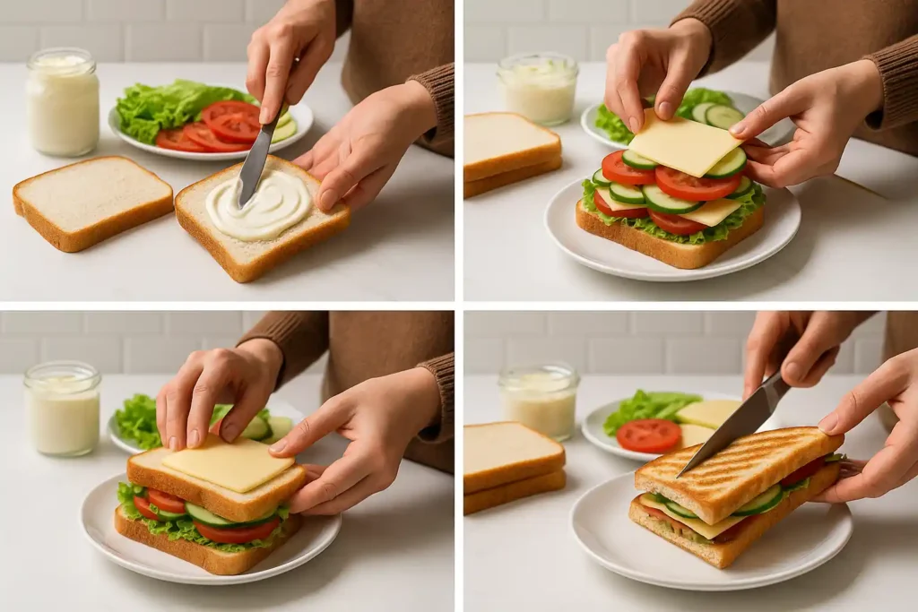 Collage of steps making a bread sandwich including spreading, layering fillings, assembling, cutting, and grilling