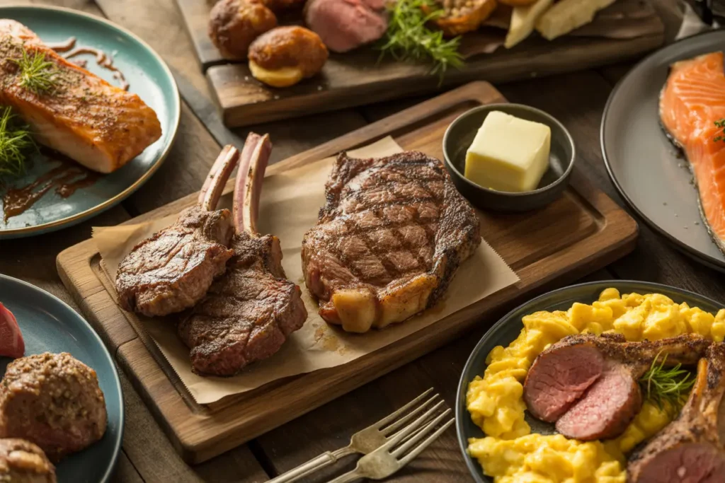 Variety of carnivore diet meals including steak, lamb chops, salmon, eggs, and meatballs