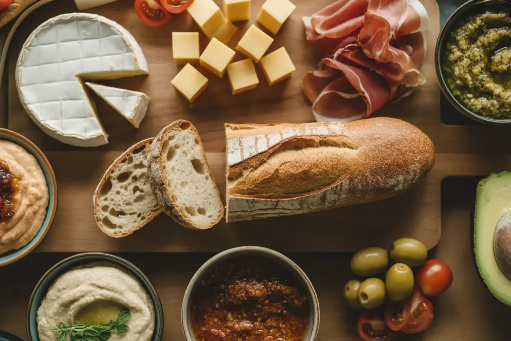 An abundant grazing board featuring a sliced sourdough baguette with various delicious pairings like cheese, charcuterie, hummus, and jam.