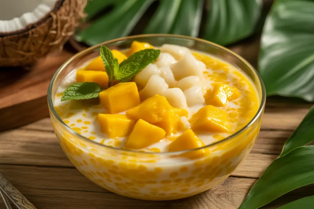 Filipino style mango sago dessert with mango cubes, tapioca pearls, creamy milk, nata de coco and mint garnish in a clear glass bowl