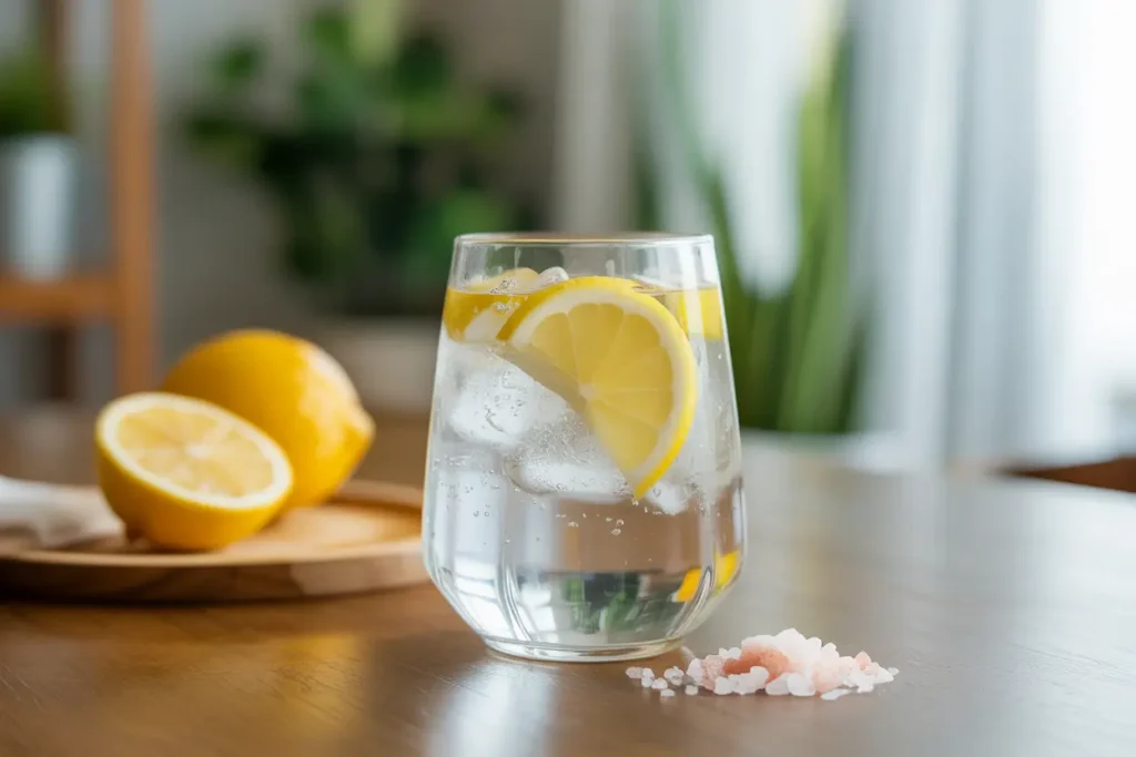 Glass of four ingredient Japanese weight loss drink with lemon, ice, and pink salt