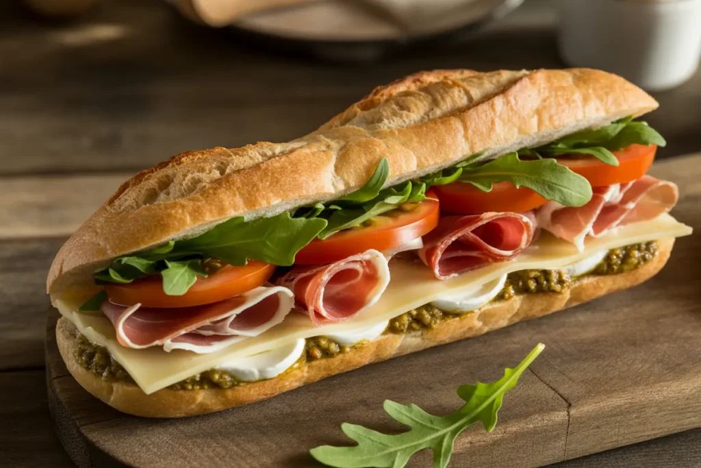 Fresh classic baguette sandwich with cheese, cured meats, arugula, and tomato