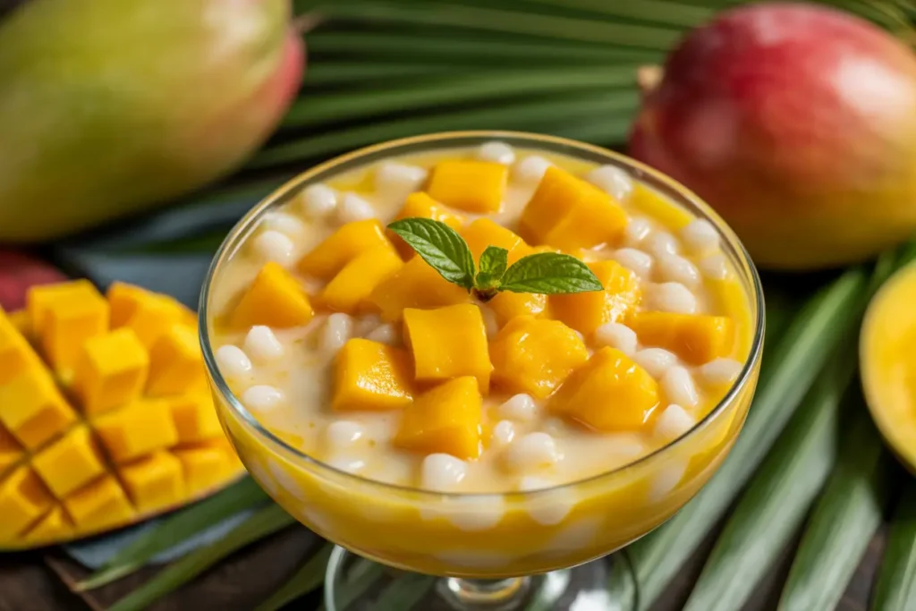 Fresh mango sago dessert with ripe mango cubes and translucent tapioca pearls in a creamy coconut milk base