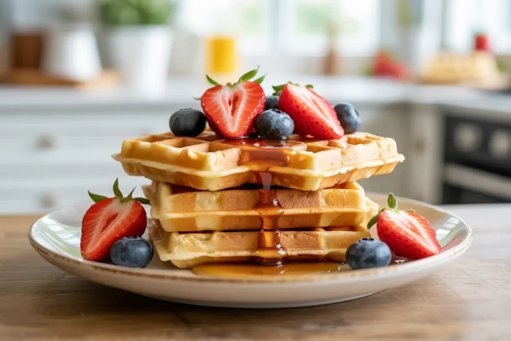 A delicious stack of crispy and fluffy gluten-free waffles from a homemade recipe, topped with fresh berries and maple syrup.
