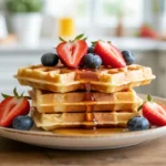 A delicious stack of crispy and fluffy gluten-free waffles from a homemade recipe, topped with fresh berries and maple syrup.